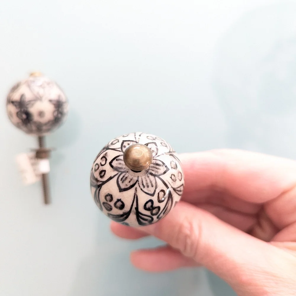 Hobby Lobby Pottery Knobs Floral Black and White Flower Drawer Pulls - Set of 2